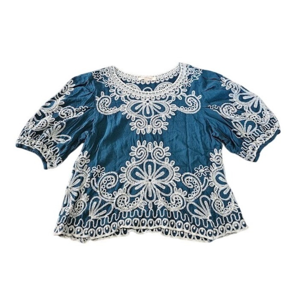 Solitaire Women Teal Blue Embroidered Boho Top Short Puff Sleeve Rayon Medium